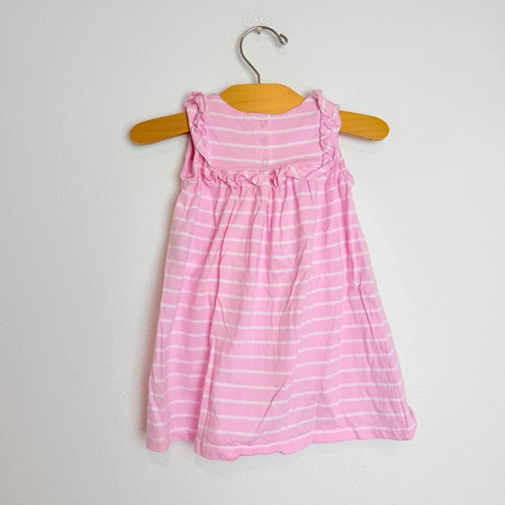 Ralph Lauren Baby Girls Pink White Striped Ruffle Dress & Diaper Cover Set 12M